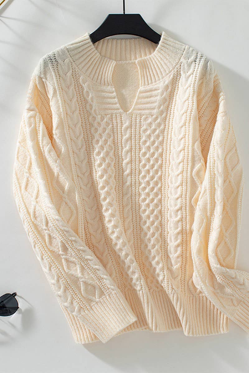 CWOSWL2827_SOLID COLOR CABLE KNIT PULLOVER SWEATER