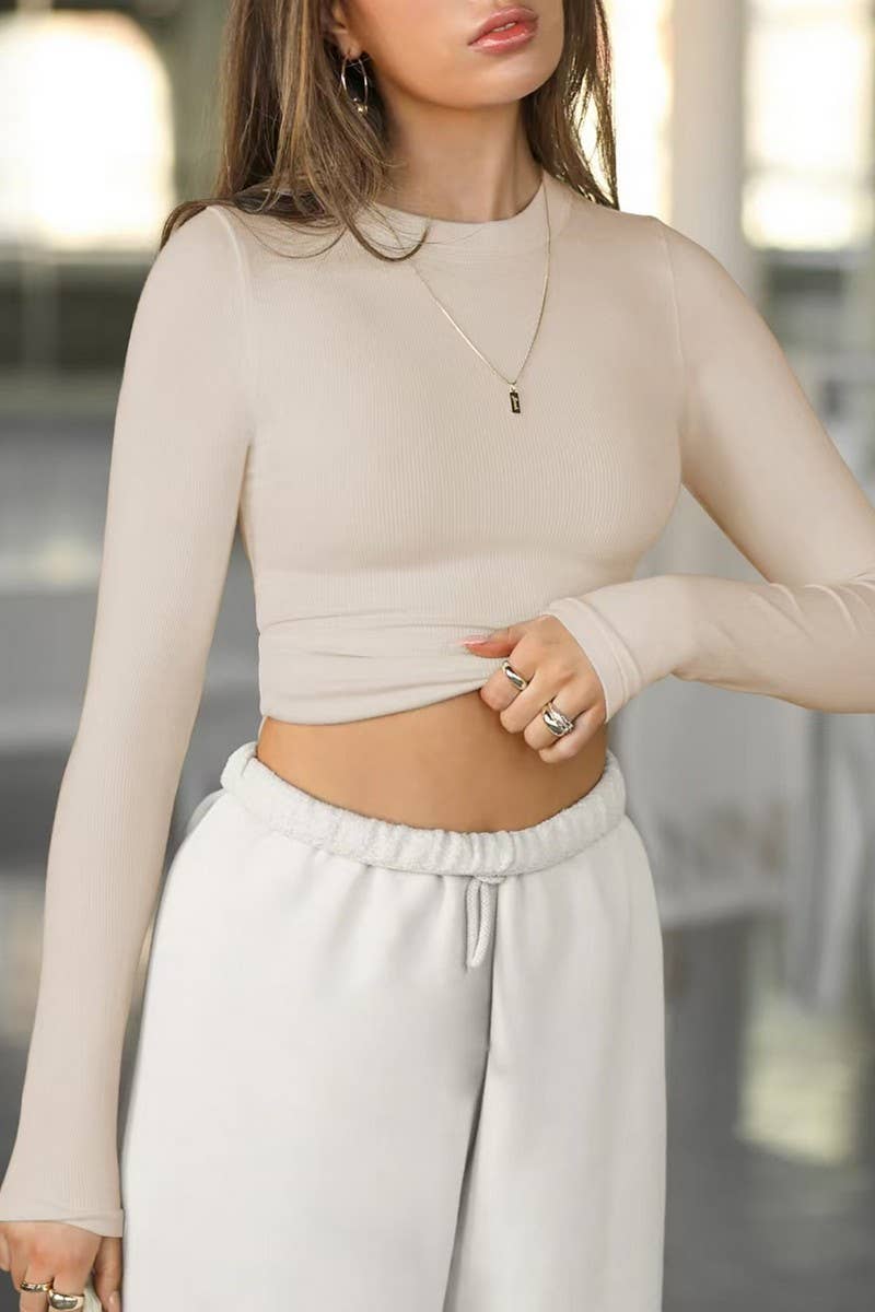 CWTTL2028_SPRING AND SUMMER SOLID COLOR SLIM LONG SLEEVE TOP