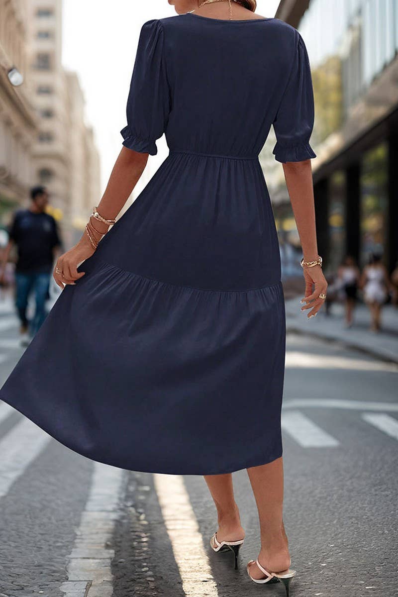 CWDMD2513_WAIST V-NECK SOLID COLOR DRESS