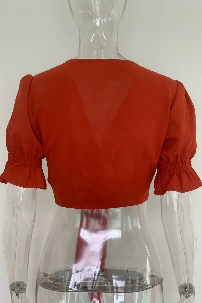 CWTBLS2349_SOLID COLOR LACE-UP CARDIGAN CROPPED TOP SHIRT