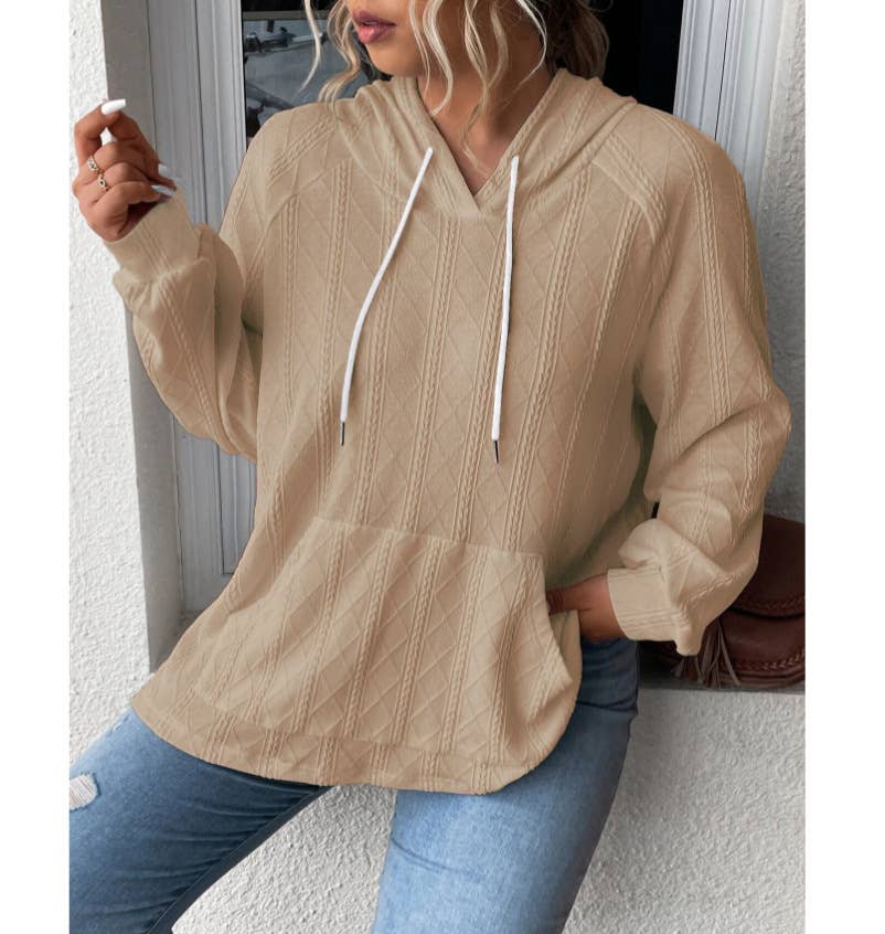 Casual jacquard patch loose hooded sweatshirt
