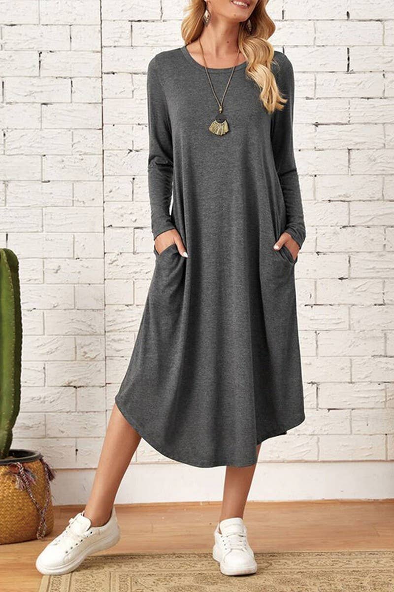 CWDMD3948_SOLID COLOR CASUAL LONG SLEEVE LONG DRESS