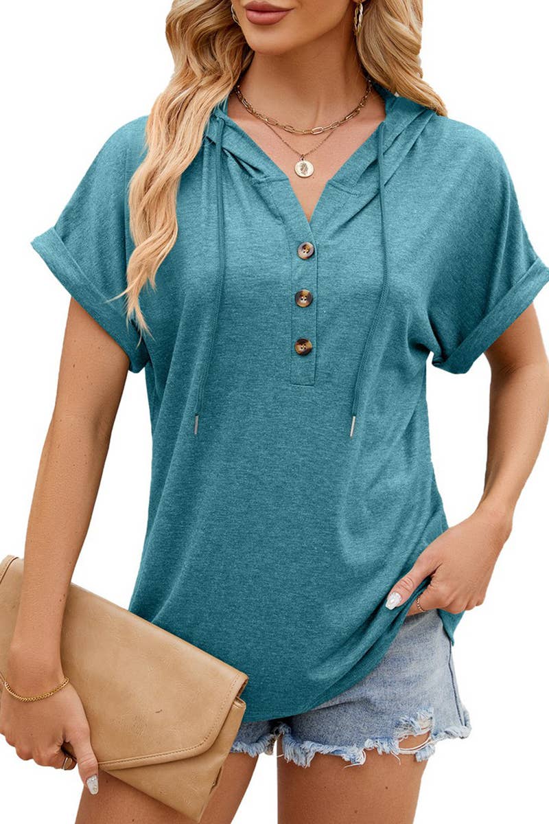 CWTTS1350_SUMMER SOLID COLOR HOODED BUTTON SHORT SLEEVES