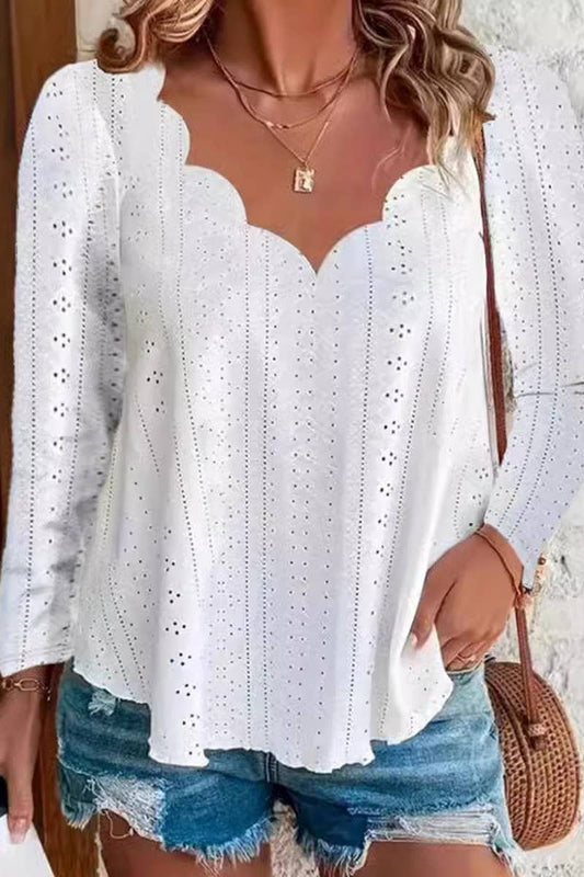 CWTBLL2869_SOLID COLOR WAVE NECK BREATHABLE LONG SLEEVE TOP