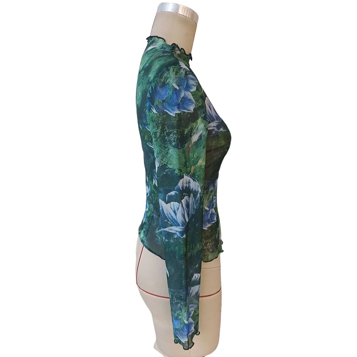 SEMI SHEER FLORAL PRINT MESH MOCK NECK TOP