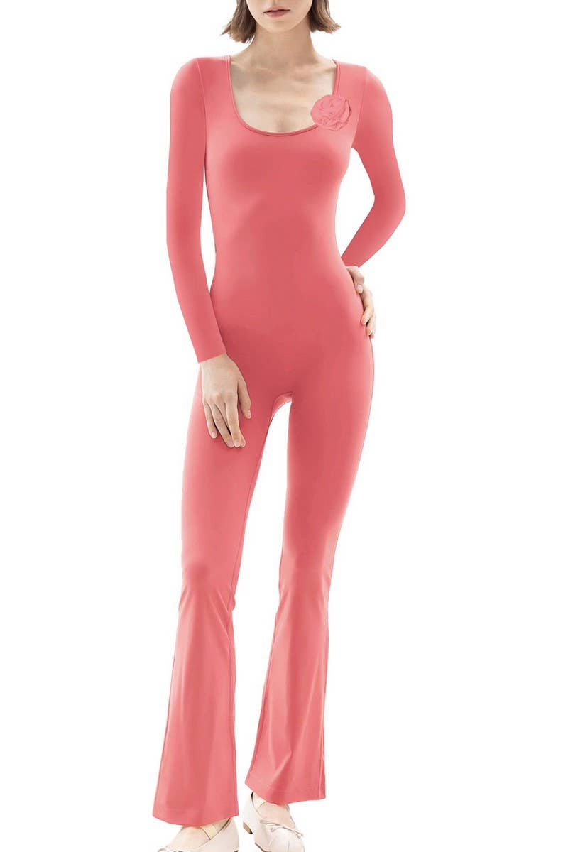 CWSJS1383_SQUARE NECK WIDE LEG HIGH ELASTIC JUMPSUIT