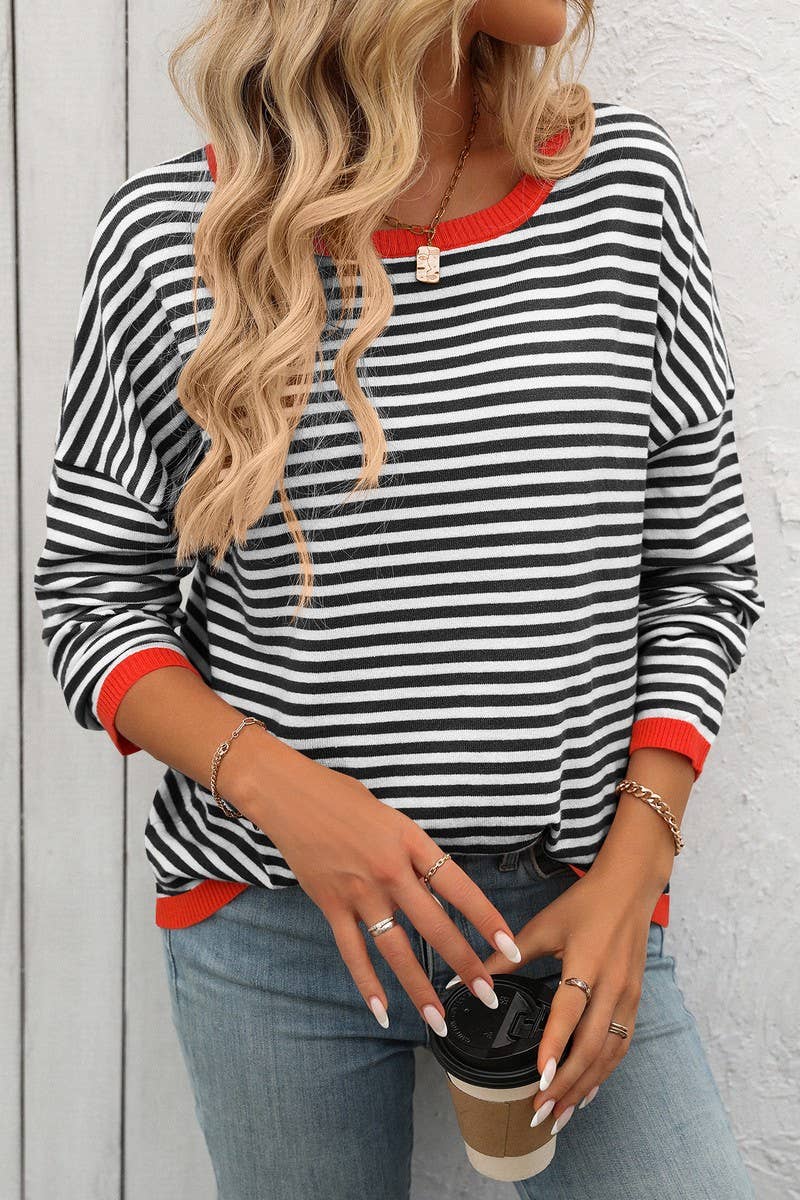 CWOSWL4272_ROUND NECK STRIPED CONTRAST COLOR CASUAL SWEATER