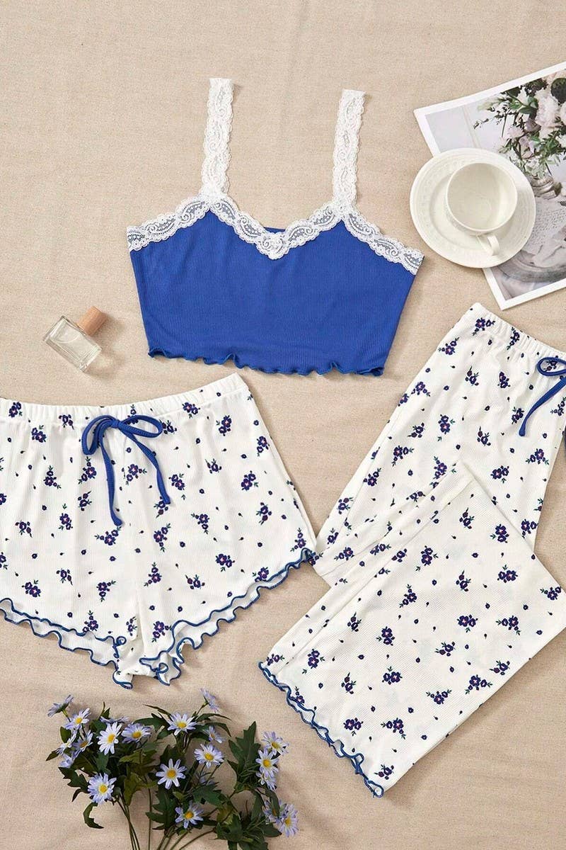 CWSPJ00480_LACE CAMI 3 PIECE SHORTS AND PANTS SET