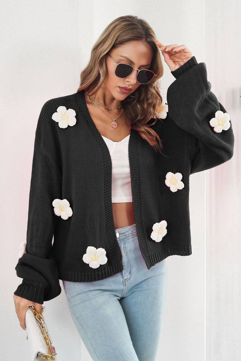 CWOCAL1182_EMBROIDERED FLOWER LANTERN SLEEVE KNIT CARDIGAN