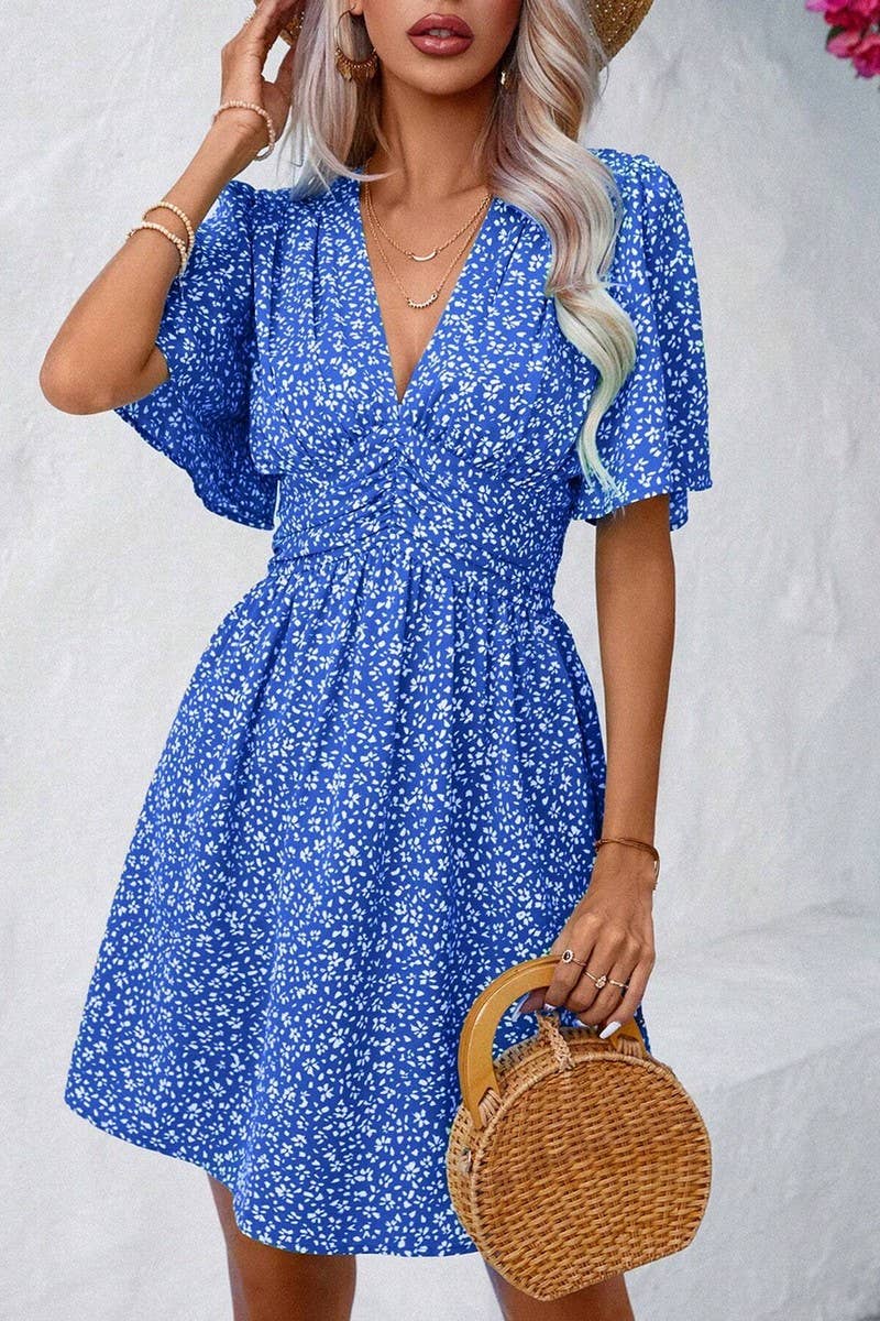 CWDSD7524_SUMMER V-NECK HIGH WAIST FLORAL PLEATED DRESS