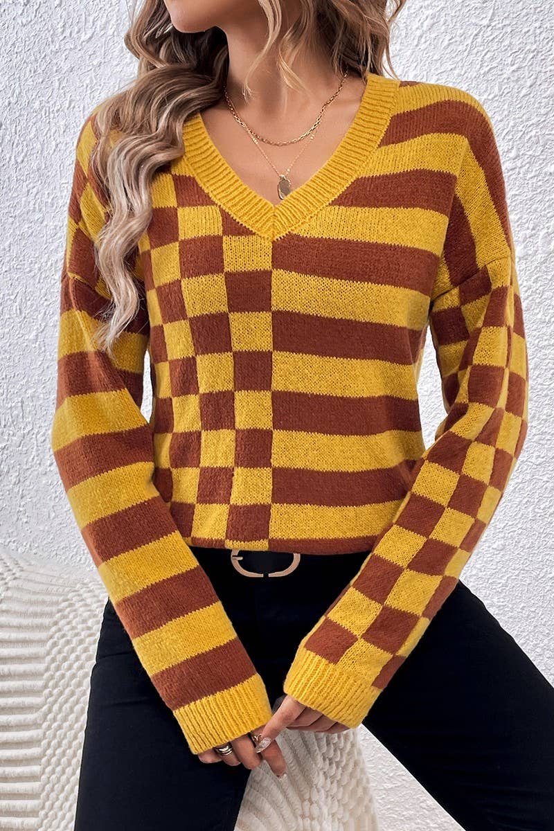 CWOSWL2692_V-NECK CASUAL STRIPED PLAID KNITTED TOP