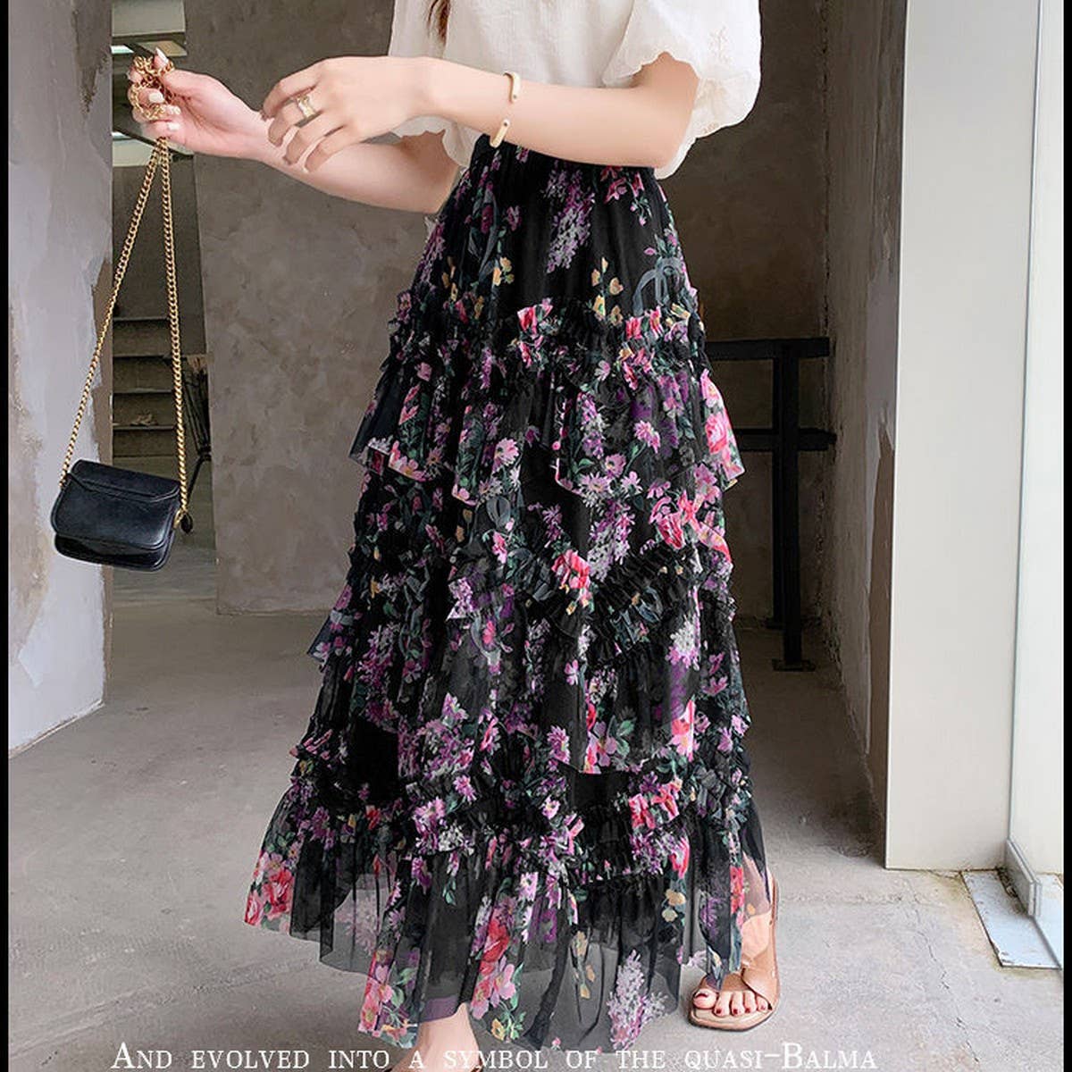 COLORFUL FLORAL MESH PRINT PLEATED TULLE SKIRT