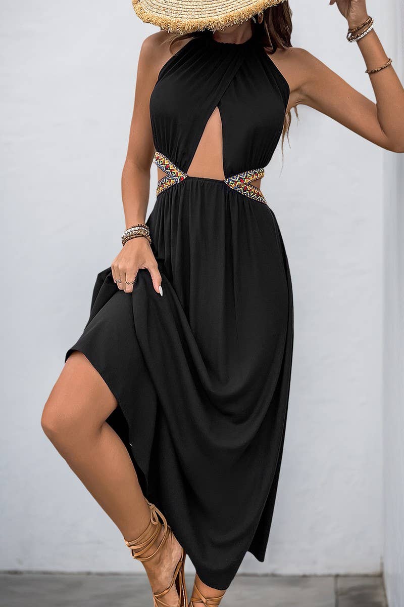 CWDHL0636_HOLLOW SLEEVELESS HOLIDAY STYLE HALTERNECK DRESS