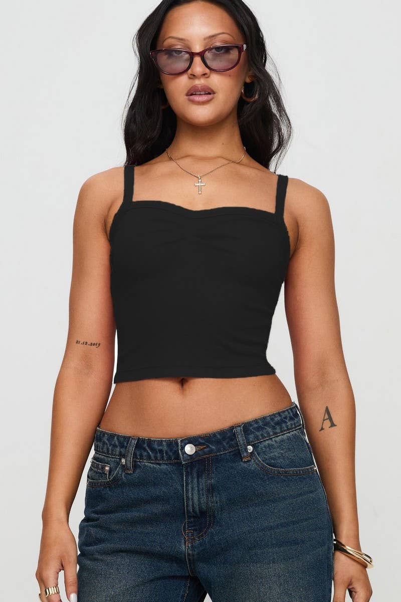 CWTTK1196_SOLID PLEATED CROPPED SLIM Y2K TANK TOP