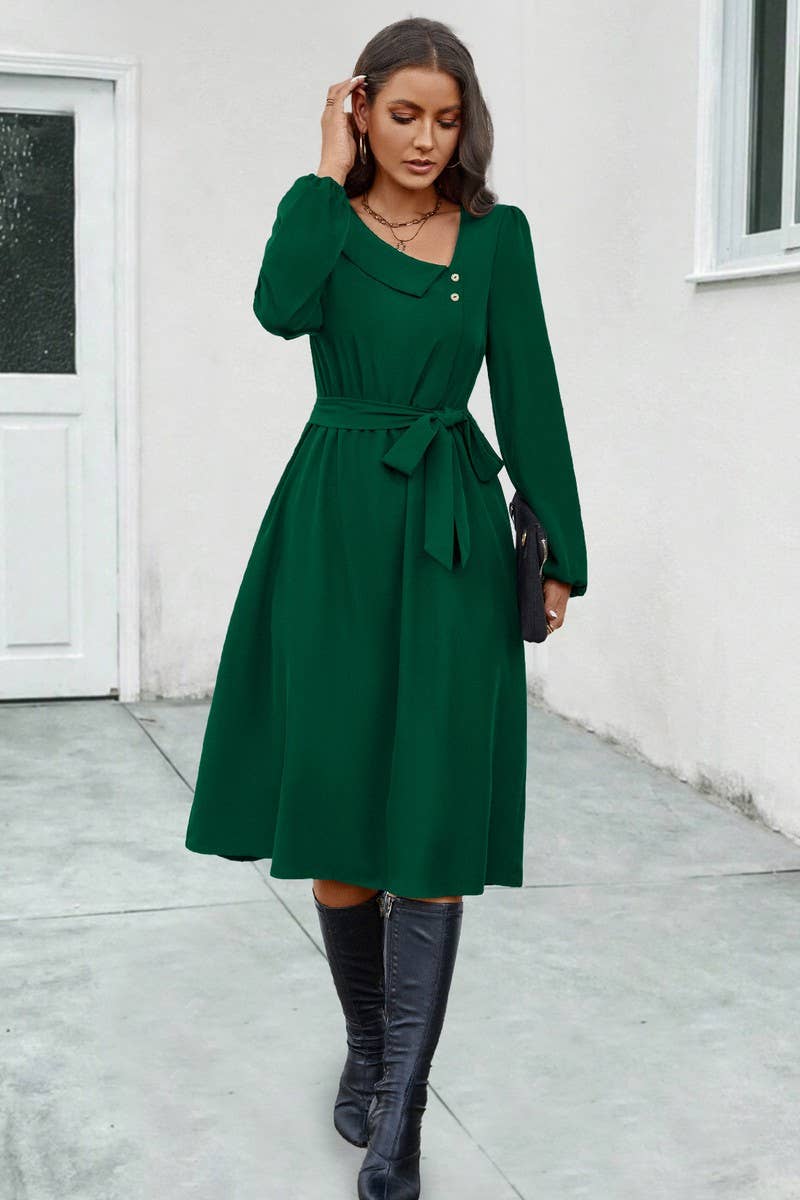 CWDSD4869_IRREGULAR NECKLINE TIE LONG SLEEVE DRESS