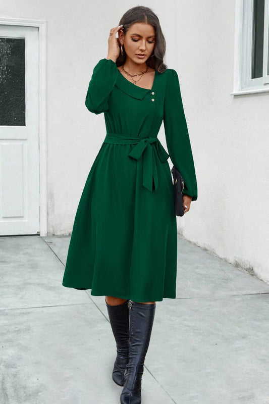 CWDSD4869_IRREGULAR NECKLINE TIE LONG SLEEVE DRESS