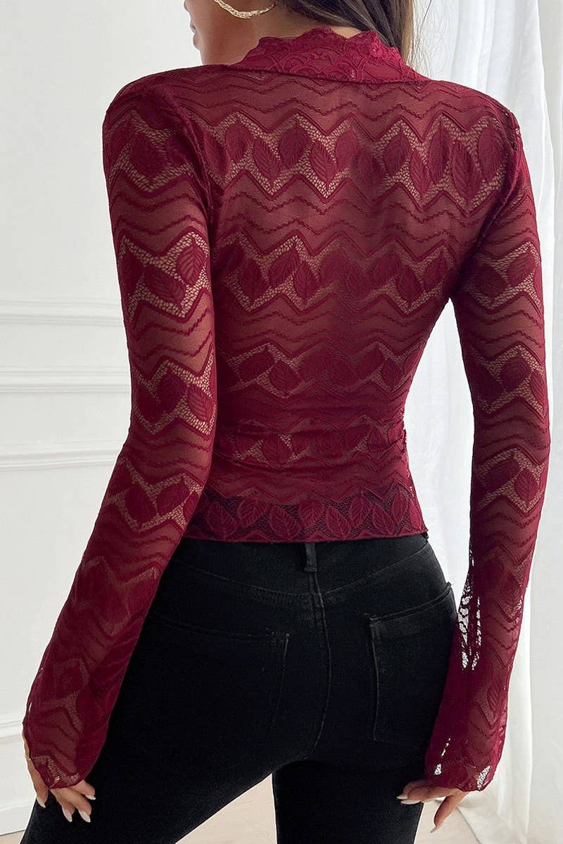 CWTBLL2773_TRUMPET SLEEVE HOLLOW V-NECK SEXY LACE SHIRT
