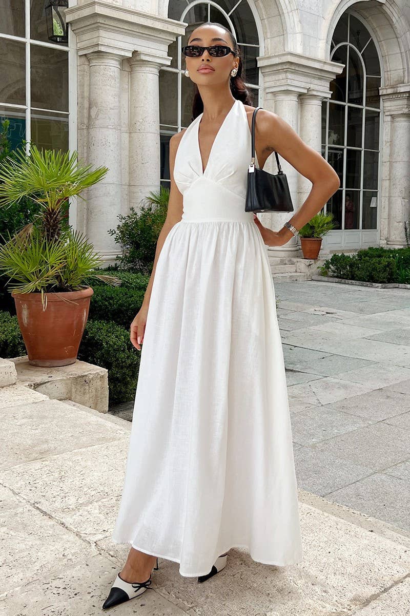 CWDMD6081_SOLID V NECK TIE WAIST FLOWY MAXI DRESS