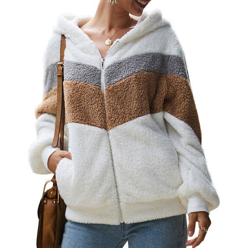 FLEECE ZIP-UP CARDIGAN WITH STRIPED POCKET COAT