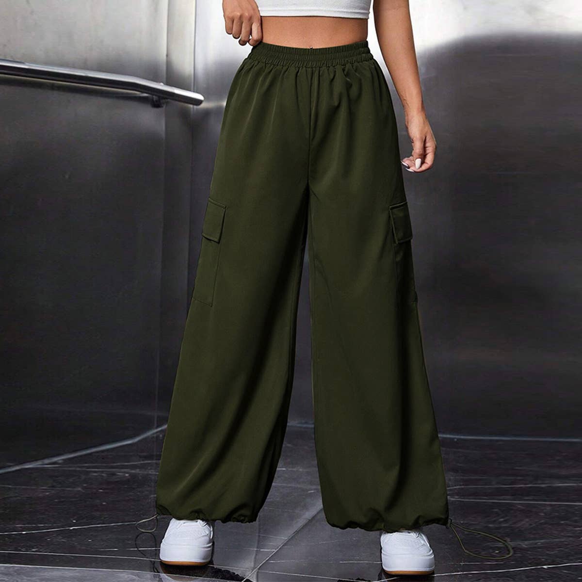 ELASTIC WAIST CASUAL WIDE LEG SPORTS CARGO PANTS