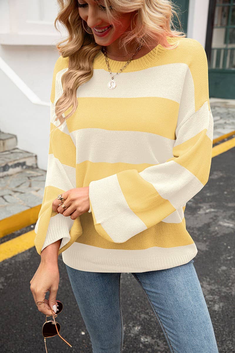 CWOSWL3148_STRIPED CONTRAST CREW NECK KNITTED LOOSE SWEATER