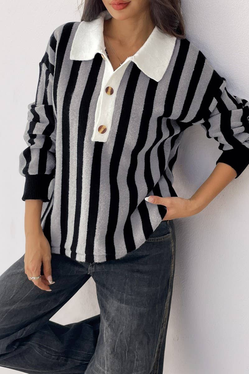 CWOSWL07129_VERTICAL STRIPED LAPEL KNITTED PULLOVER SWEATER
