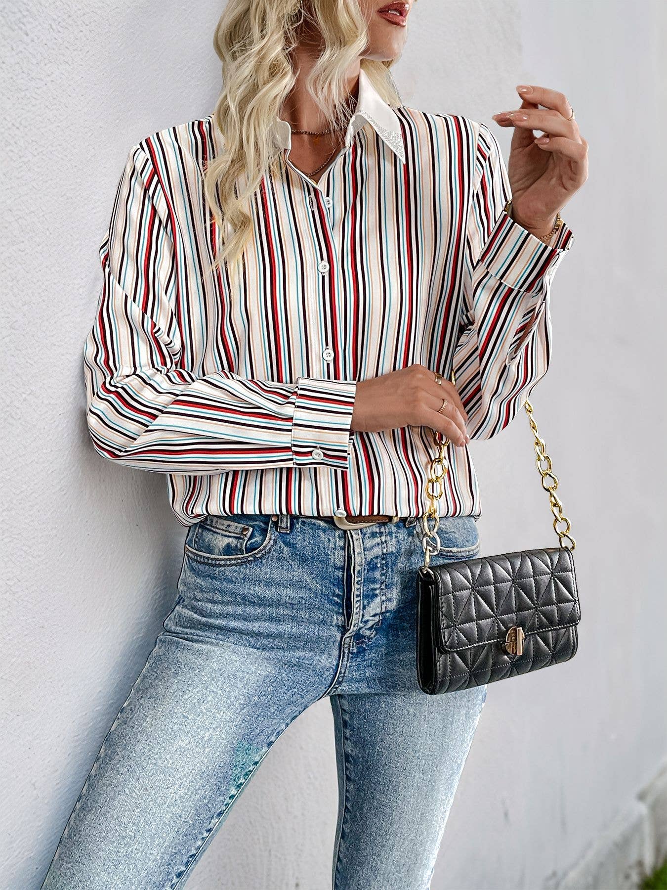 Casual lapel colorful vertical striped shirt