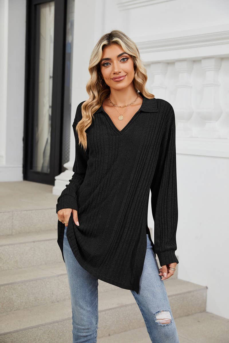 CWTBLL3668_FLIP COLLAR SLIT LONG SLEEVED LOOSE T-SHIRT TOP