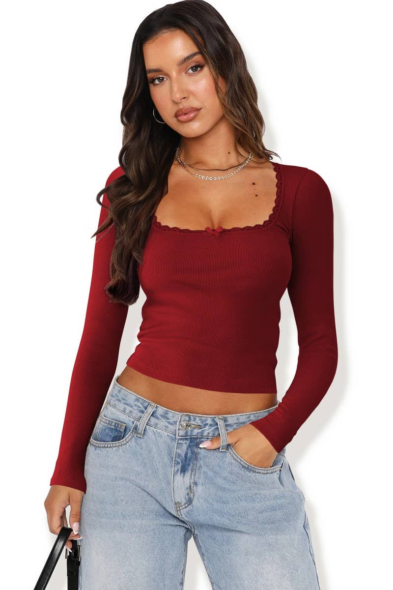 CWTTL2054_U-NECK SLIM LACE SPLICING HOT GIRL SLIM TOP