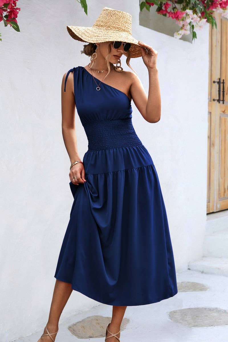 CWDMD2774_SOLID ONE SHOULDER PLEATED MIDI DRESS