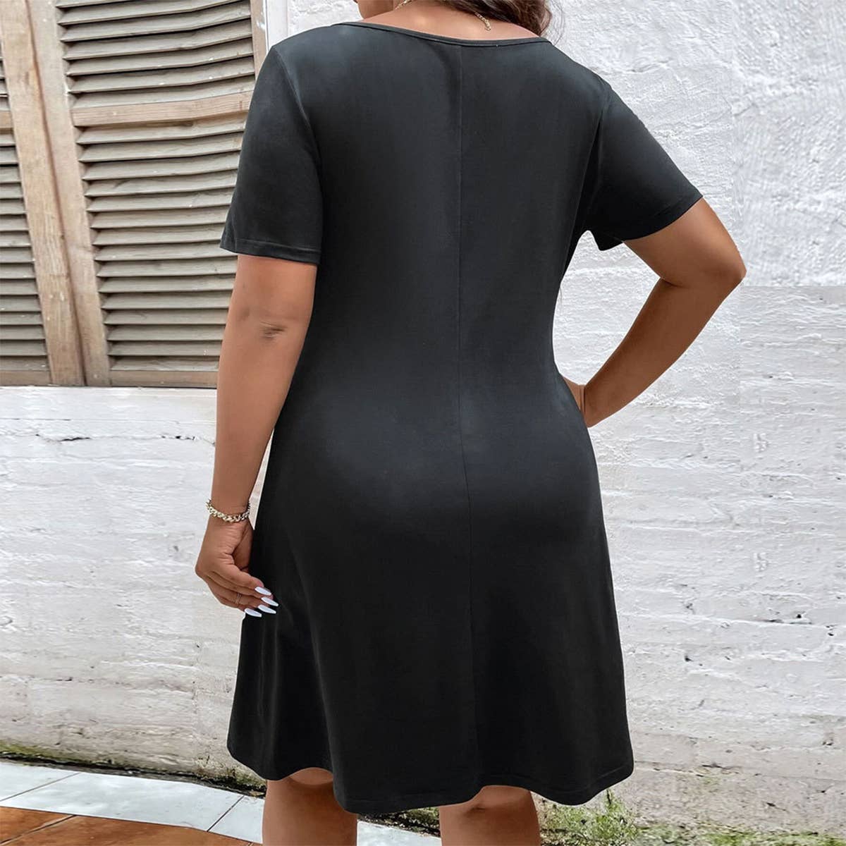 BUTTON SCOOP NECK SHORT SLEEVE A LINE DRESS_CWDSD3307