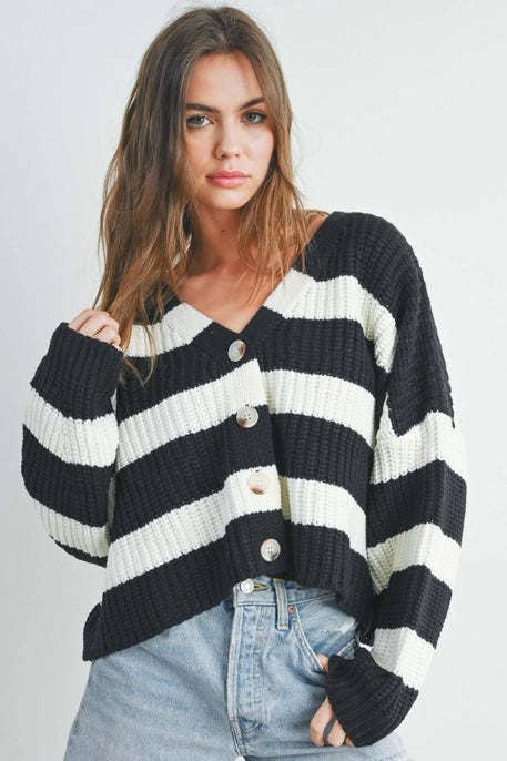 Casual striped V-neck loose knitted cardigan