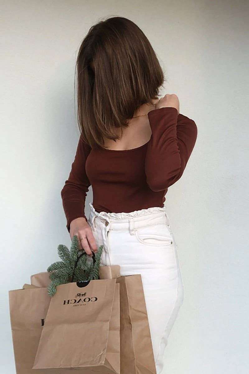 CWTBLL3776_LONG-SLEEVED SQUARE NECK BELLY-BARING TOP