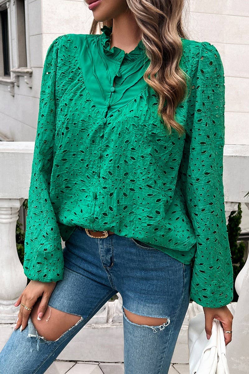 CWTSTL2732_ELEGANT HOLLOW PUFF SLEEVE EMBROIDERED TOP