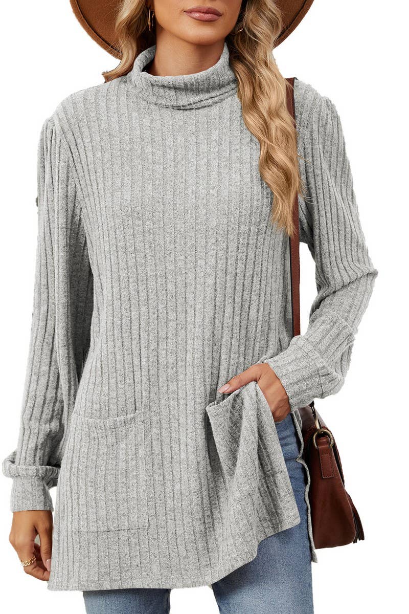 CWTBLL2363_SOLID COLOR HALF TURTLENECK SLIT POCKET TOP