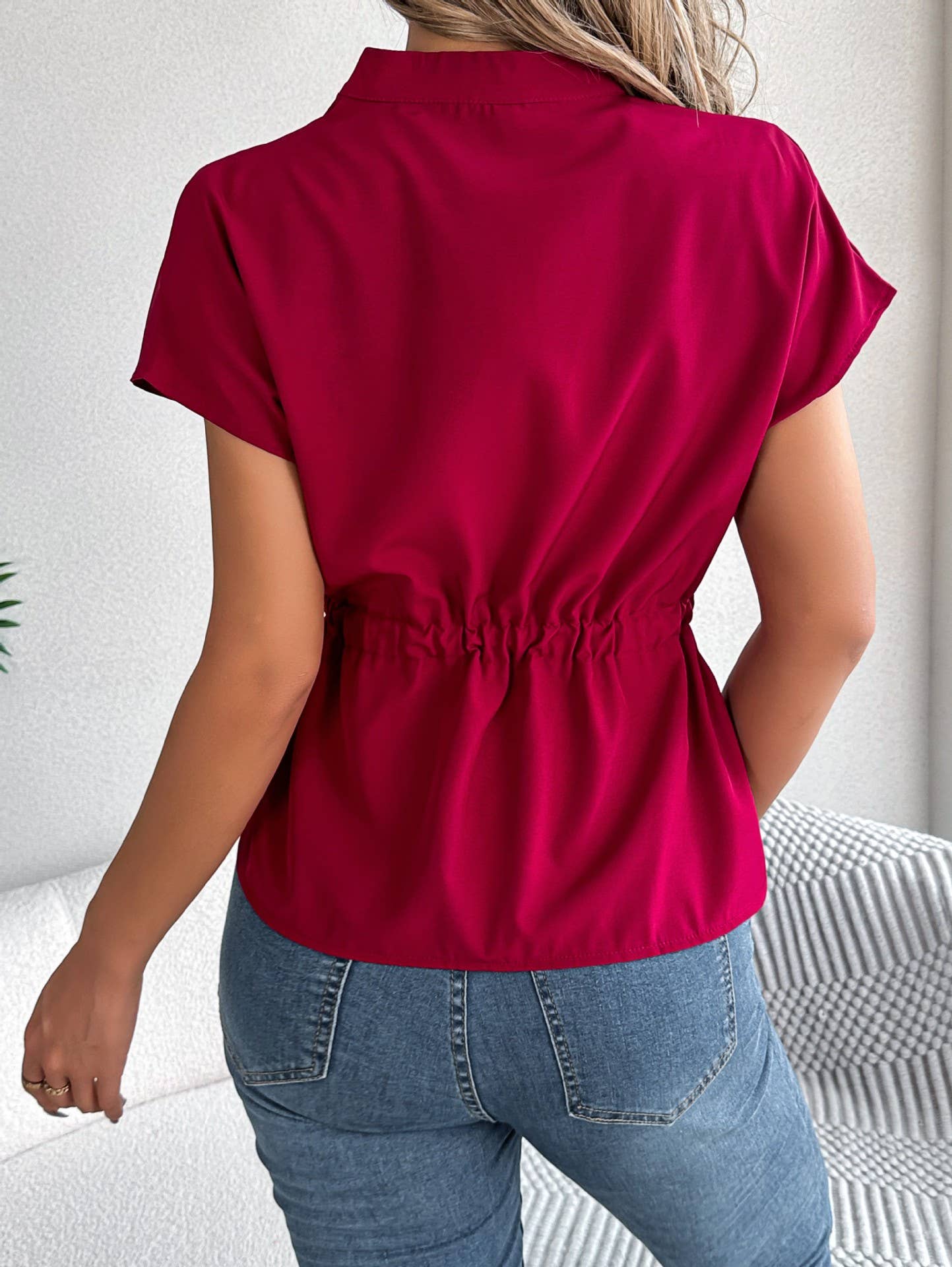 Casual solid color button-down drawstring shirt