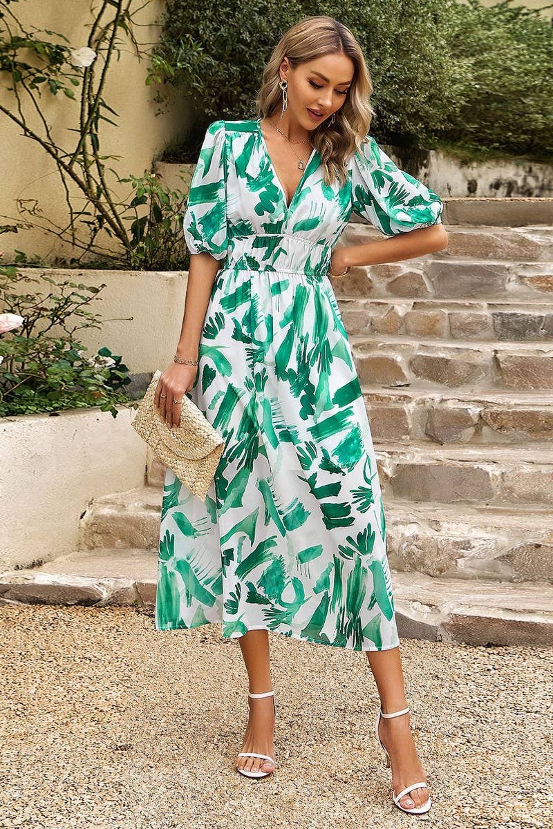 CWDMD0999_Deep V-Neck Short Sleeve Floral Print Dresses