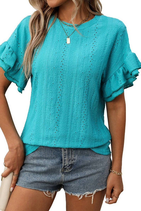 CWTBLS1719_ROUND NECK RUFFLE SLEEVE SHORT SLEEVE T-SHIRT TOP