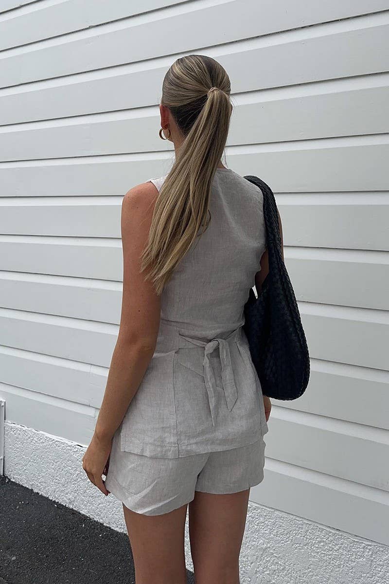 CWSTB1810_COTTON-LINEN SIMPLE SOLID VEST & SHORTS SET