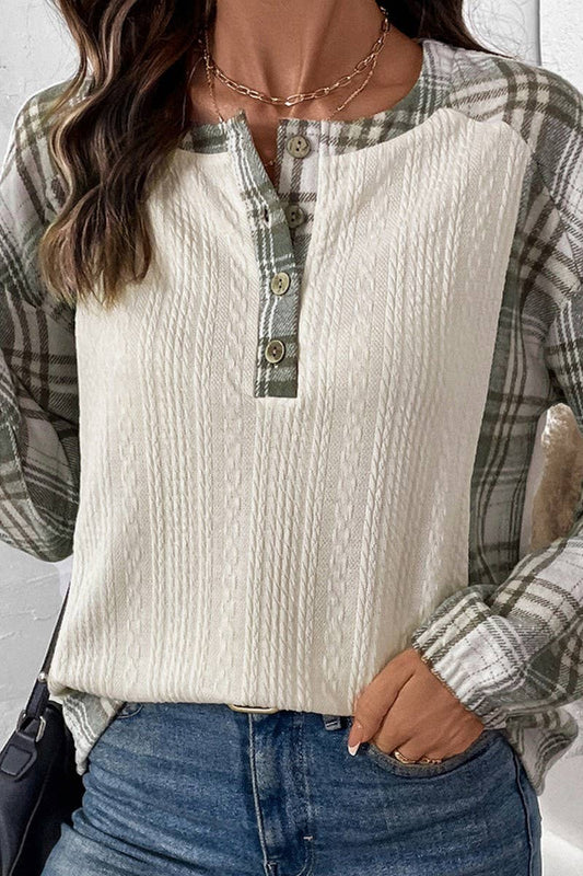 CWTBLL2029_PLAID PANEL LONG-SLEEVED ROUND NECK T-SHIRT