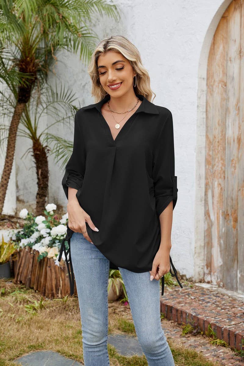 CWTBLL4020_SOLID COLLARED RUCHED 3/4 SLEEVE SHIRT DRESS TOP