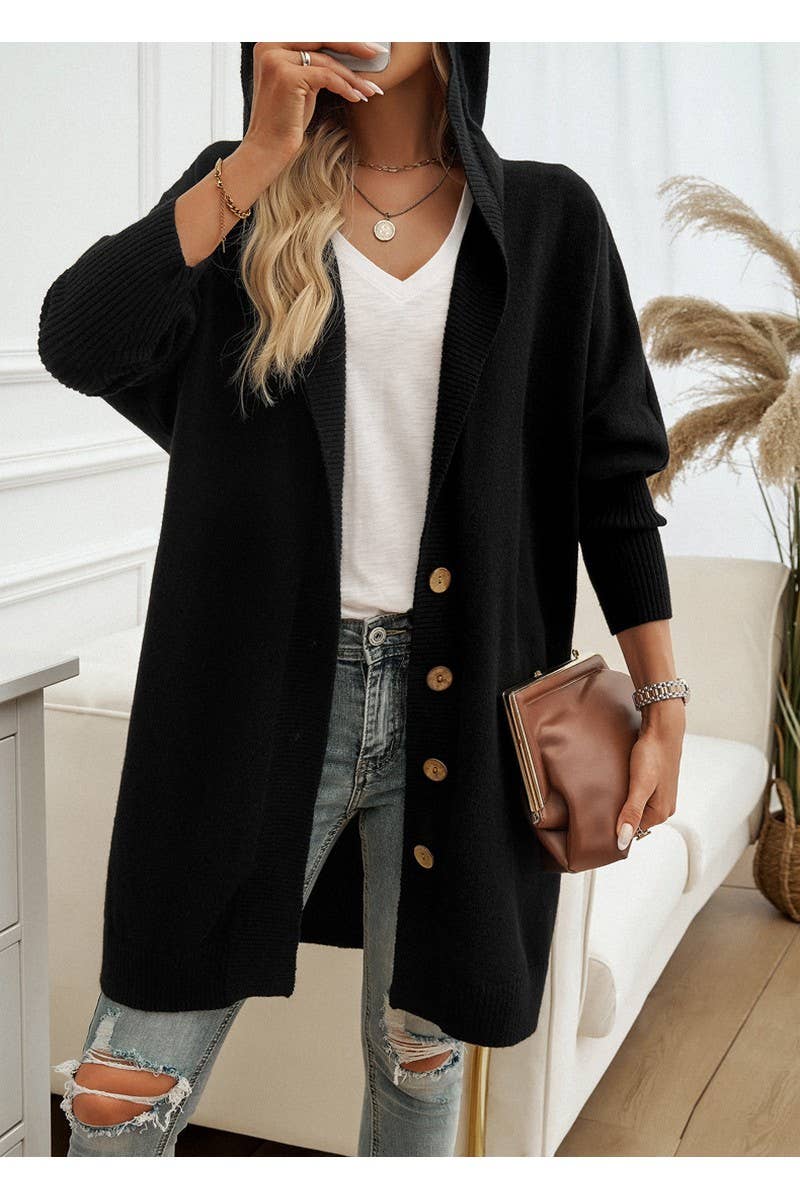 CWOCAL0873_Button Up Hooded Knit Sweater Long Cardigan