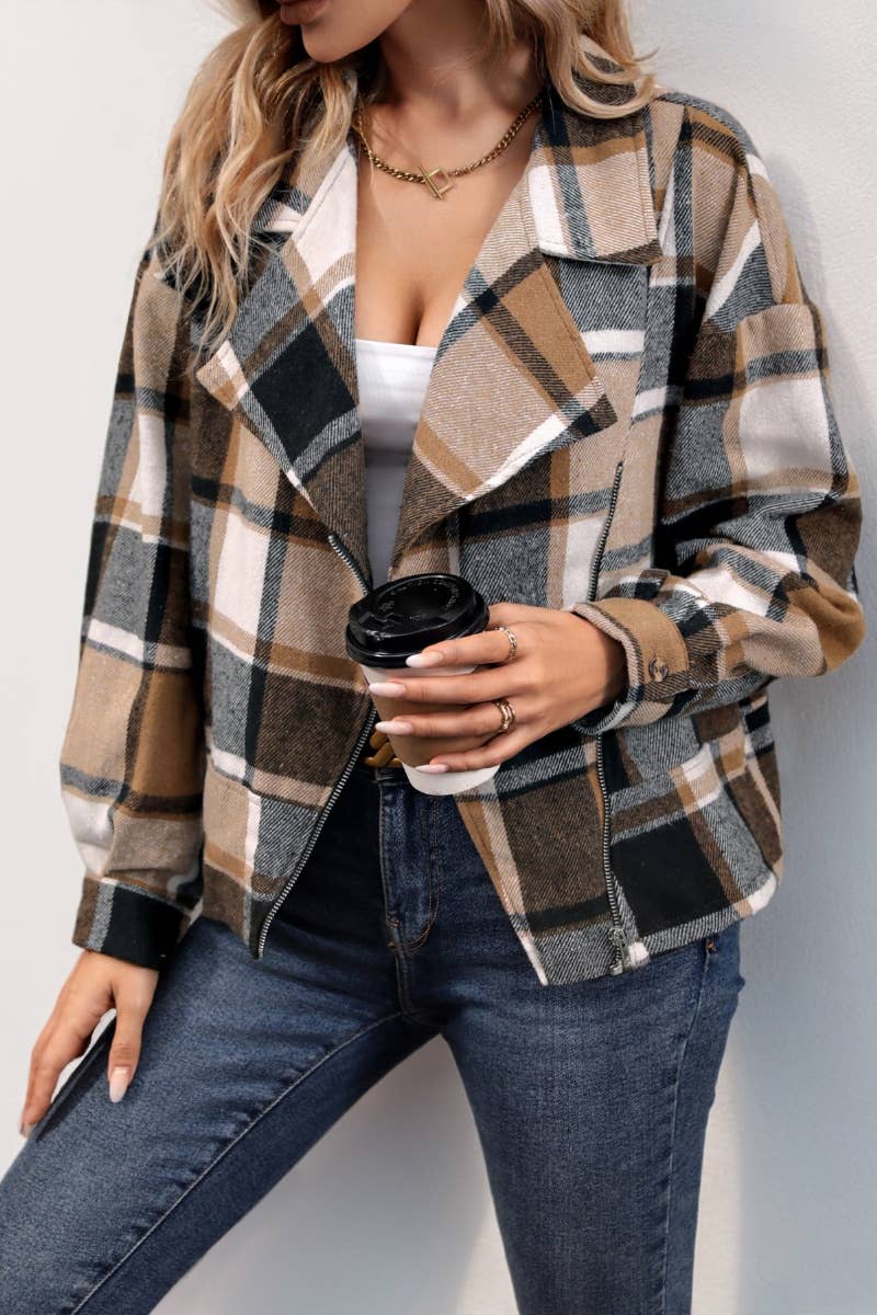 CWOJA1533_VINTAGE WOOLEN CARDIGAN PLAID ZIPPER COAT