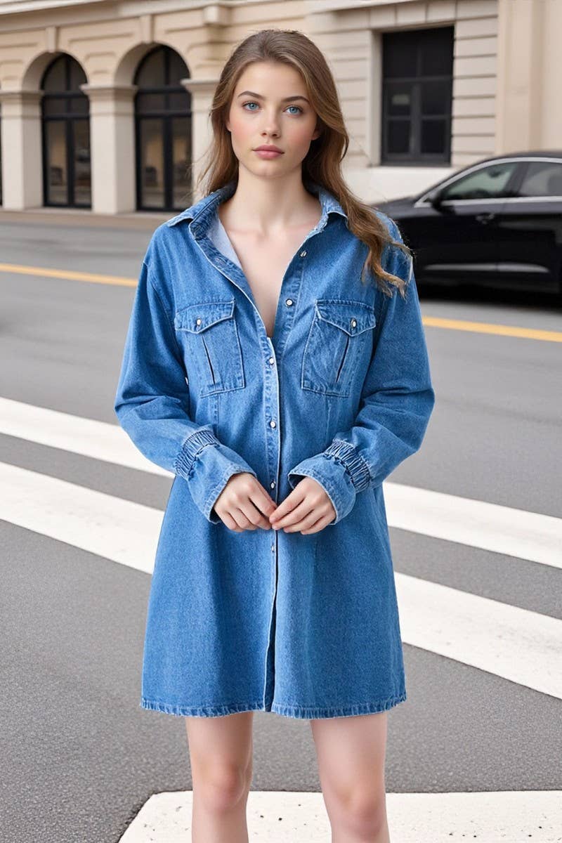 CWDSD10893_LOOSE WASHED DENIM SHIRT MIDI DRESS