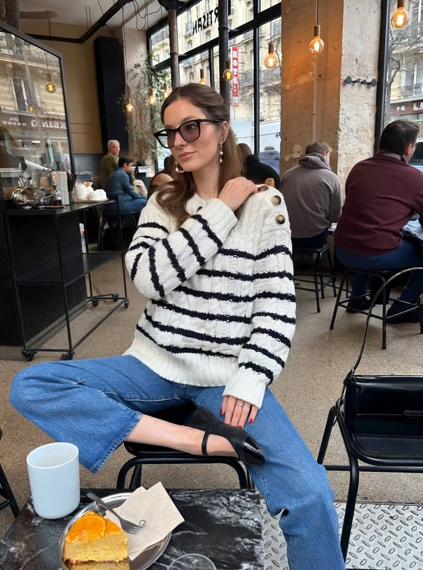 Buttons embellished with striped twist sweaters