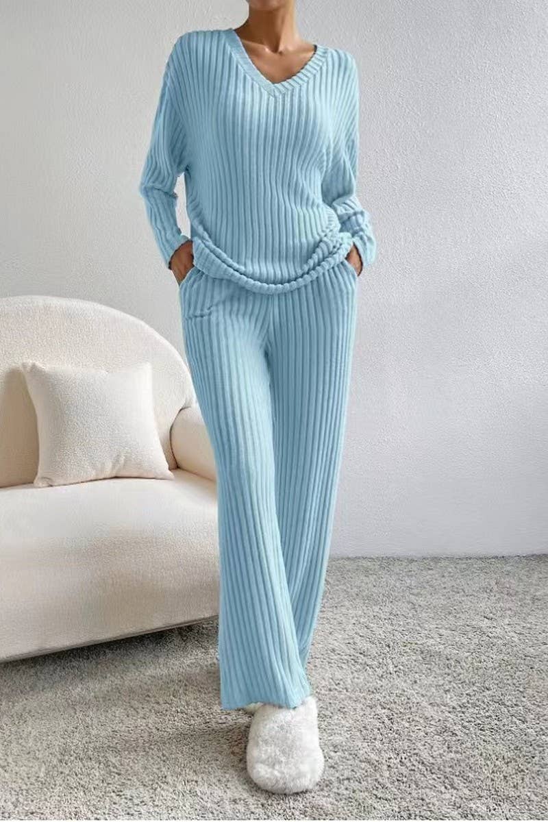 CWSTB1609_V-NECK RIBBED TOP AND PANTS KNITTED SUIT