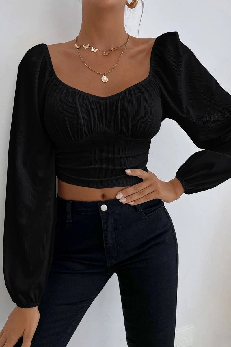 CWTBLL2226_SQUARE NECK LANTERN SLEEVES SHORT SOLID COLOR TOP