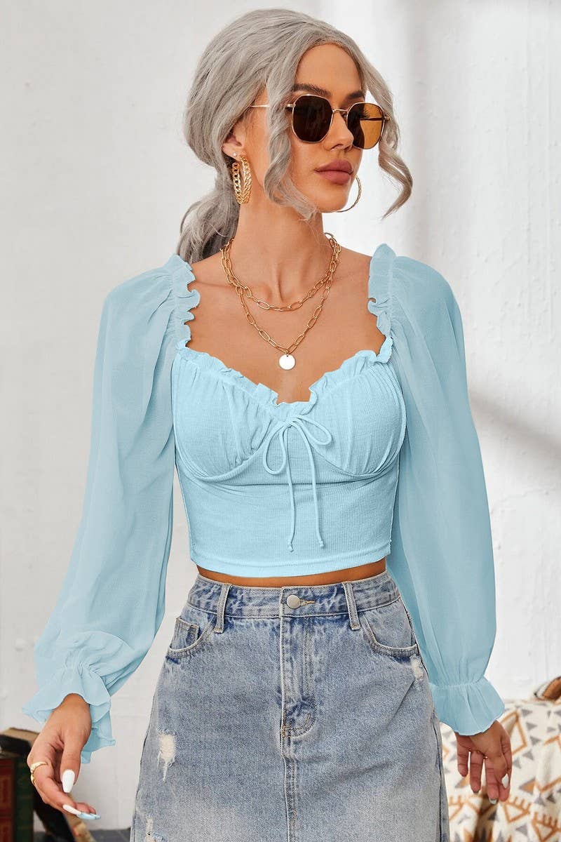 CWTBLL2261_SQUARE COLLAR RUFFLED LONG SLEEVE SHORT TOP