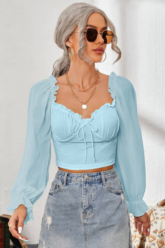 CWTBLL2261_SQUARE COLLAR RUFFLED LONG SLEEVE SHORT TOP