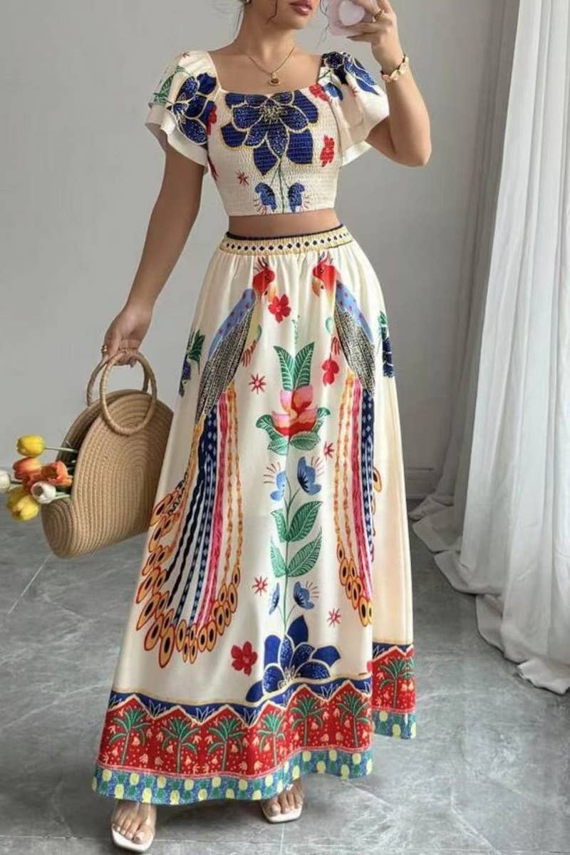 CWSTB2002_BOHO FLORAL PRINT SHORT SLEEVE TOP & MAXI SET